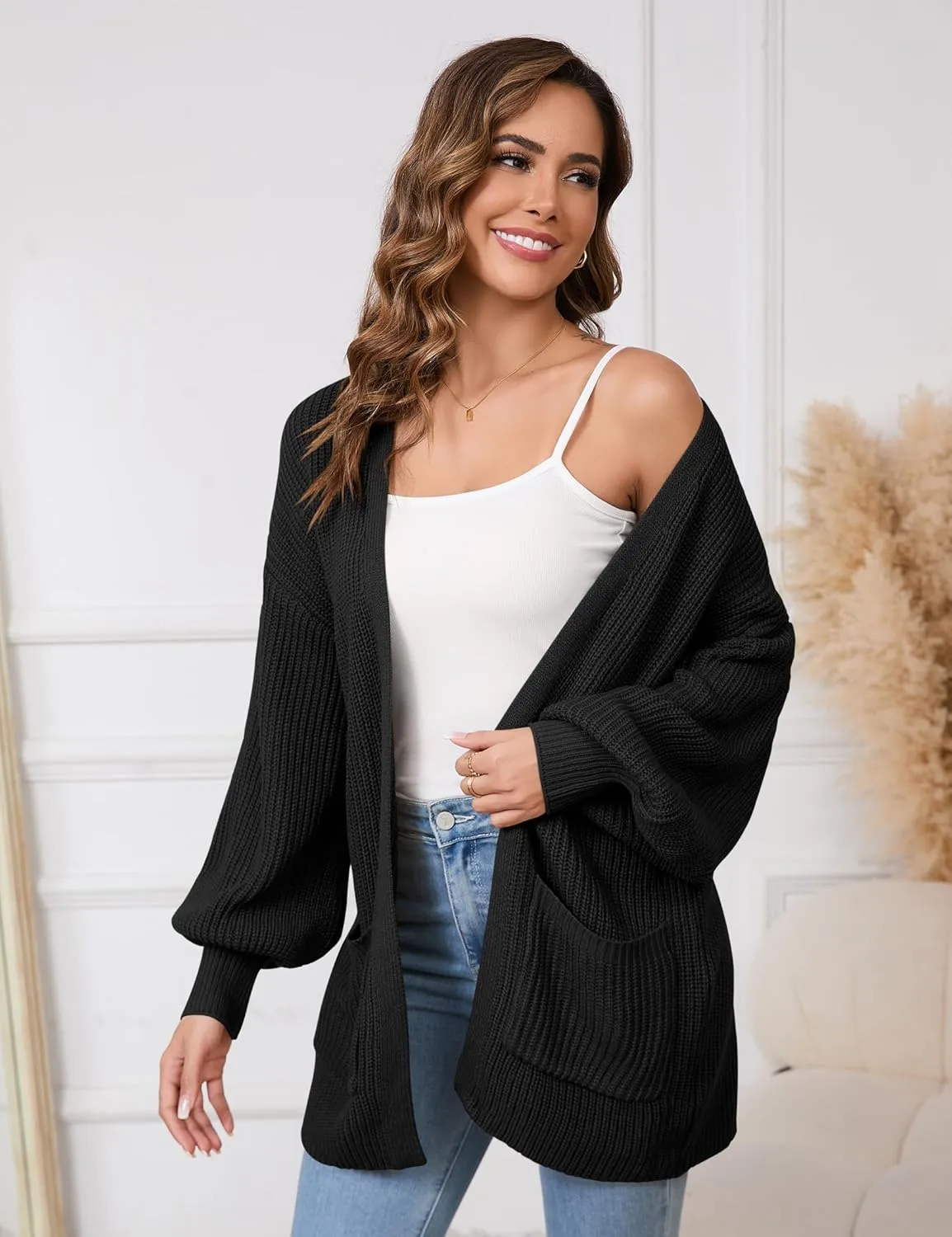 SPR&JOY Womens Lantern Sleeve Cardigan Sweaters, Drop Shoulder Open Front Knit Tops, Solid Loose Outwear Coats with Pockets