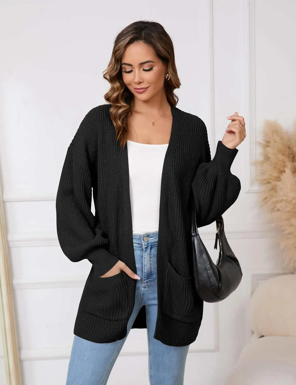SPR&JOY Womens Lantern Sleeve Cardigan Sweaters, Drop Shoulder Open Front Knit Tops, Solid Loose Outwear Coats with Pockets