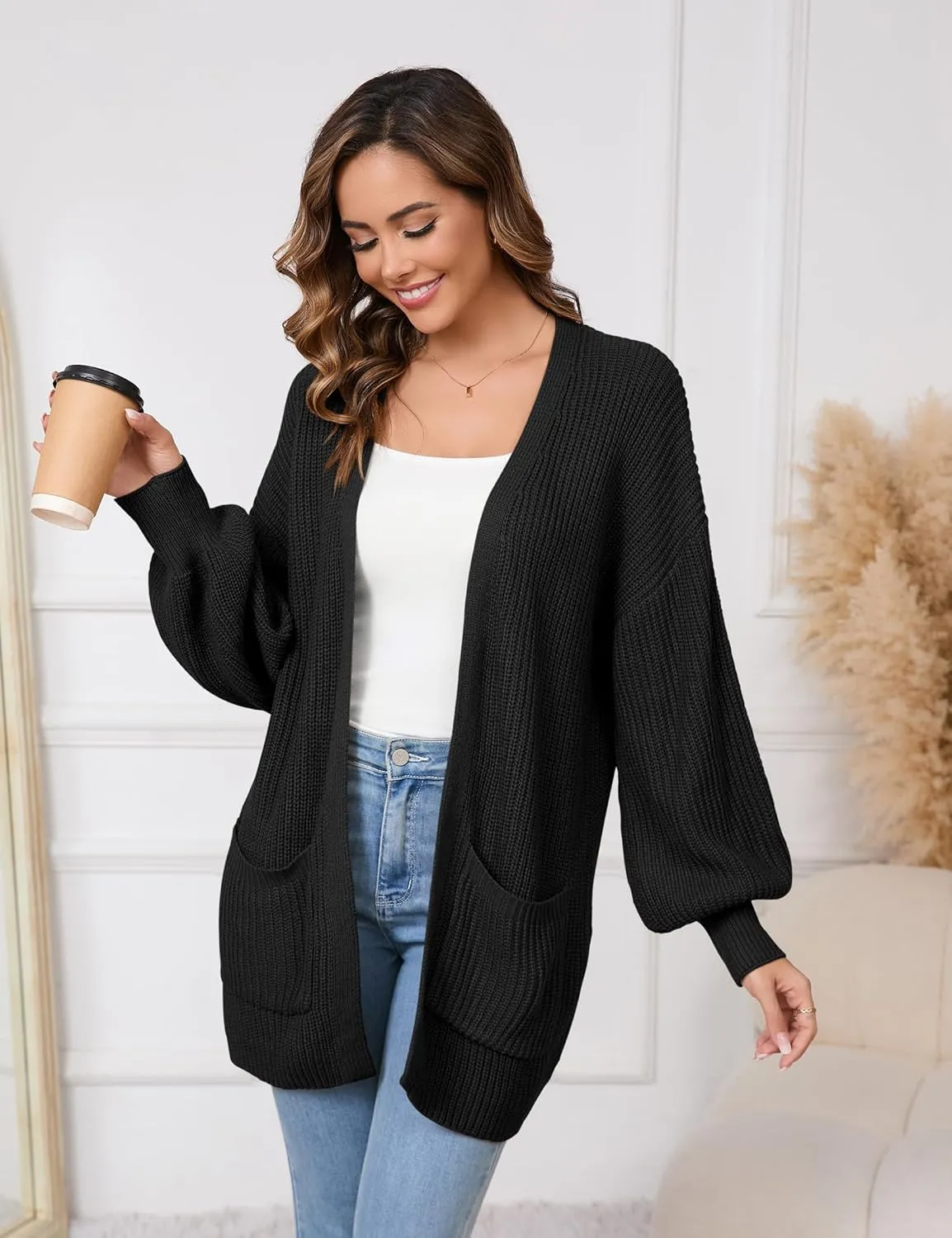 SPR&JOY Womens Lantern Sleeve Cardigan Sweaters, Drop Shoulder Open Front Knit Tops, Solid Loose Outwear Coats with Pockets
