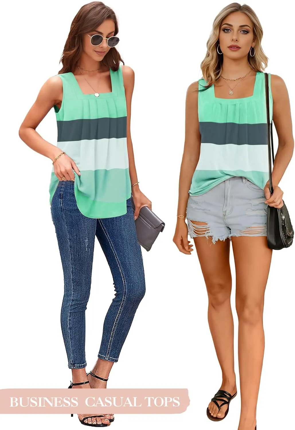 Summer Tank Tops for Women Loose Fit Pleated Square Neck Sleeveless Tops Flowy Blouse Short Sleeve Tops Basic Shirts
