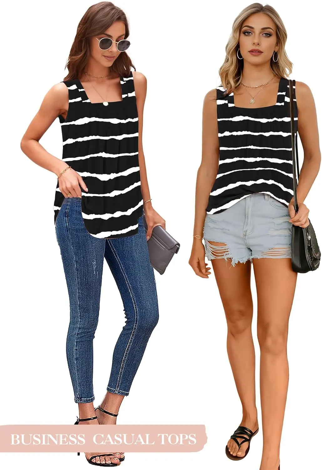 Summer Tank Tops for Women Loose Fit Pleated Square Neck Sleeveless Tops Flowy Blouse Short Sleeve Tops Basic Shirts