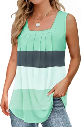 Summer Tank Tops for Women Loose Fit Pleated Square Neck Sleeveless Tops Flowy Blouse Short Sleeve Tops Basic Shirts