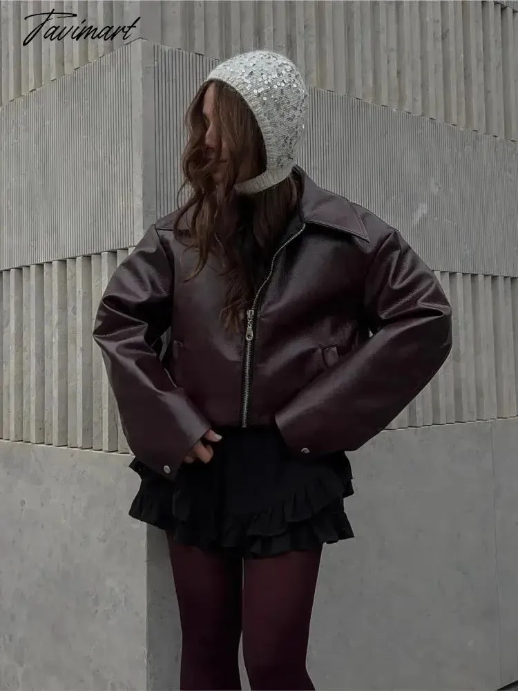 TAVIMART -  Faux PU Leather Rider Jacket For Women Vintage Long Sleeve Lapel Zipper Puffy Coats Autumn Fashion Female Street Outerwear