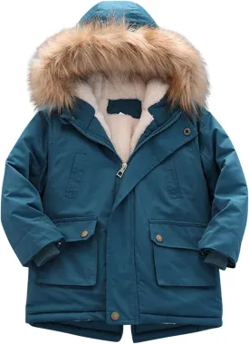 Toddler Girls Boys Padded Parka Thick Warm Jacket Faux Fur Hooded Fleece Coat for Kids Midweight Winter Jacket