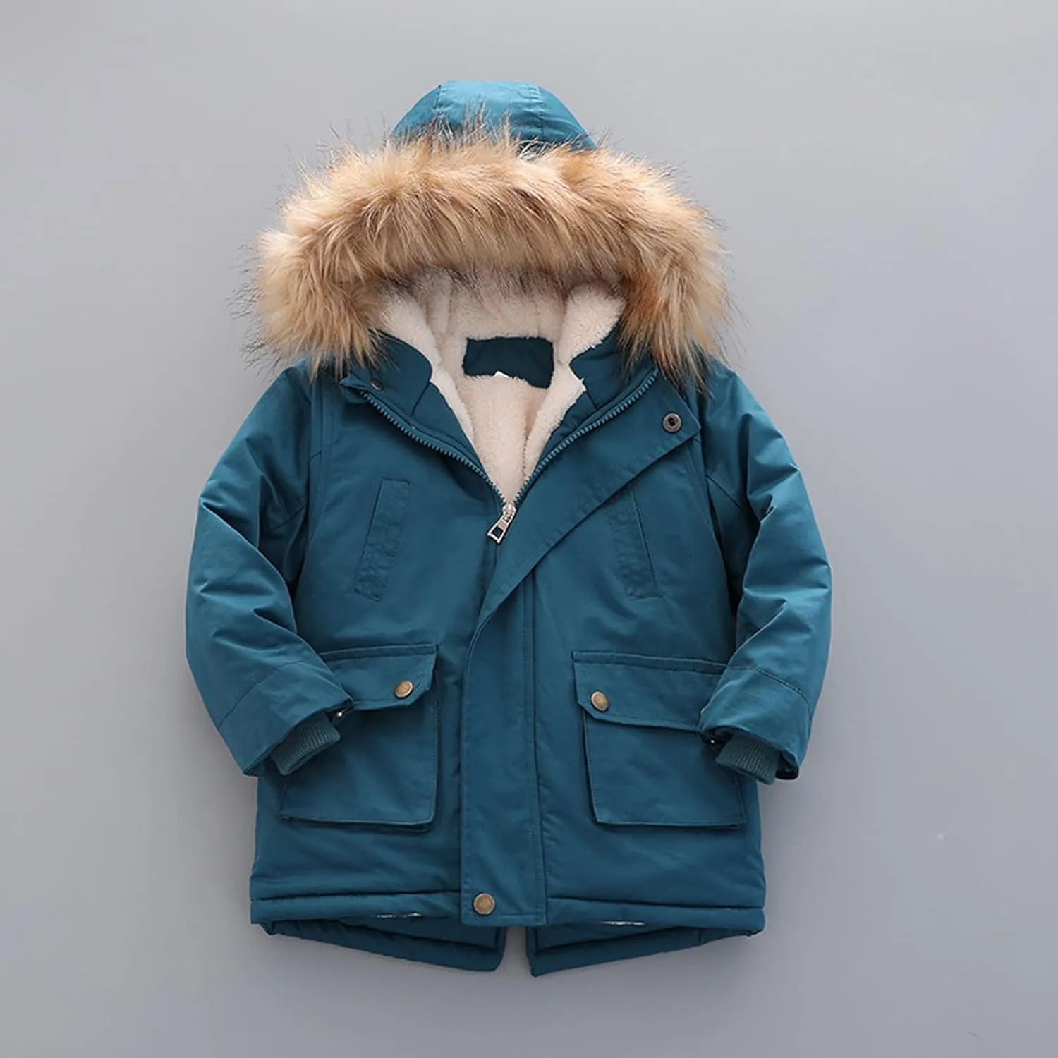 Toddler Girls Boys Padded Parka Thick Warm Jacket Faux Fur Hooded Fleece Coat for Kids Midweight Winter Jacket