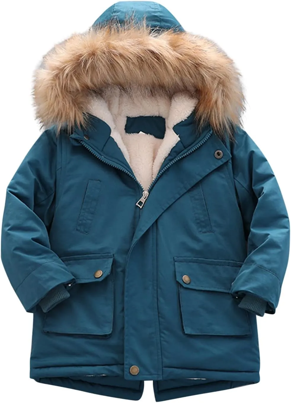 Toddler Girls Boys Padded Parka Thick Warm Jacket Faux Fur Hooded Fleece Coat for Kids Midweight Winter Jacket
