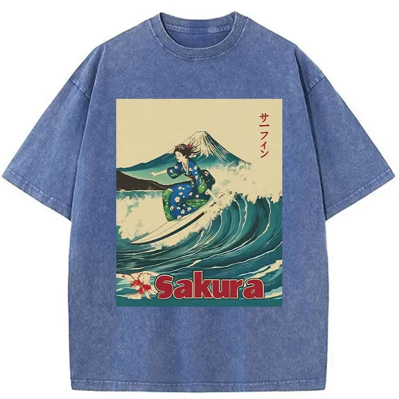 Tokyo-Tiger Geisha Surfing Washed T-Shirt