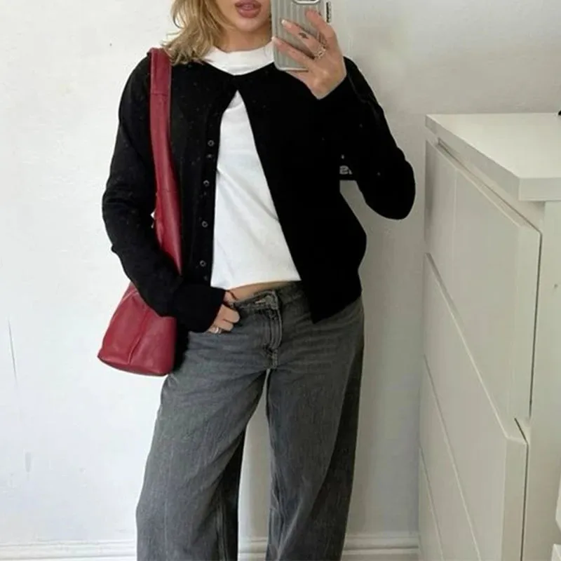 Toleet-Trendy Streetwear Aesthetic Vintage Button Up Cardigans Y2K Preppy Cute Slim Fit Knitted Sweater Autumn Spring Coats Streetwear