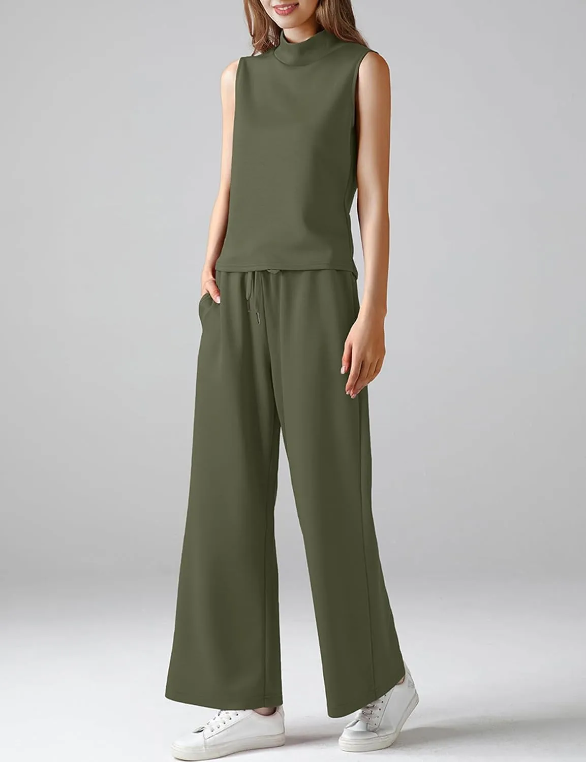 VECVOC Women's Summer 2 Piece Outfits Mock Neck Tank Top Cropped Wide Leg Pants Lounge Sets Tracksuit With Pocket