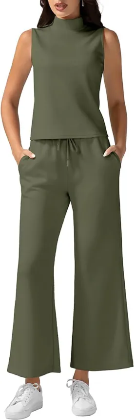 VECVOC Women's Summer 2 Piece Outfits Mock Neck Tank Top Cropped Wide Leg Pants Lounge Sets Tracksuit With Pocket