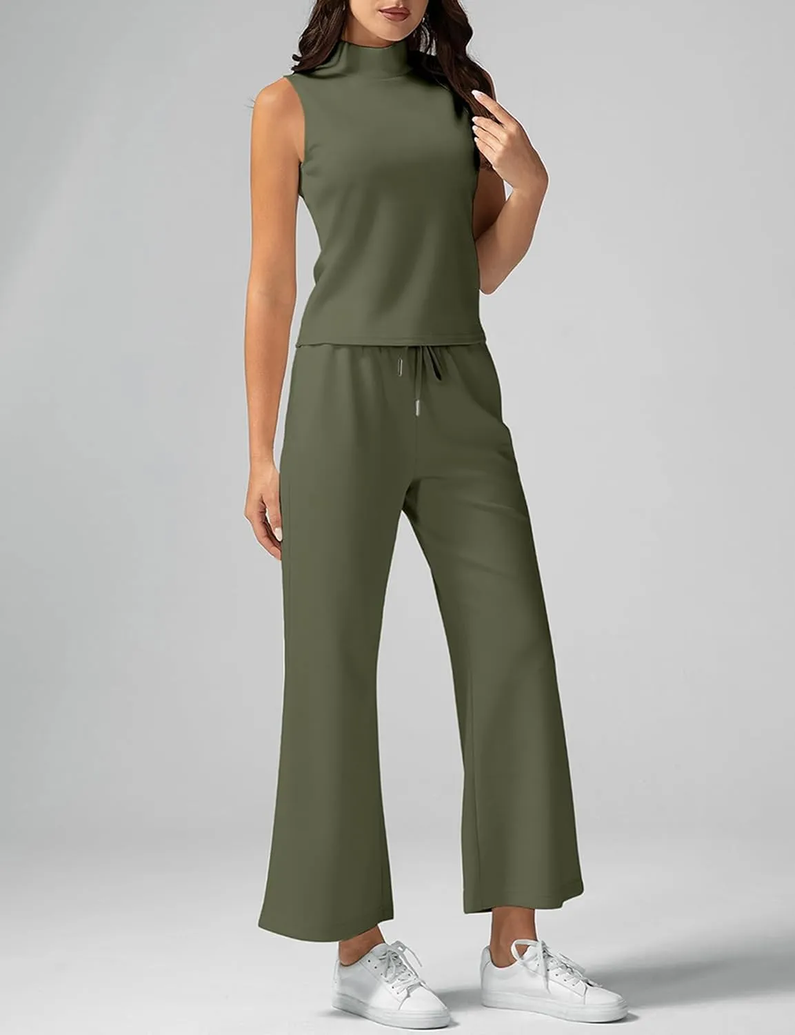 VECVOC Women's Summer 2 Piece Outfits Mock Neck Tank Top Cropped Wide Leg Pants Lounge Sets Tracksuit With Pocket