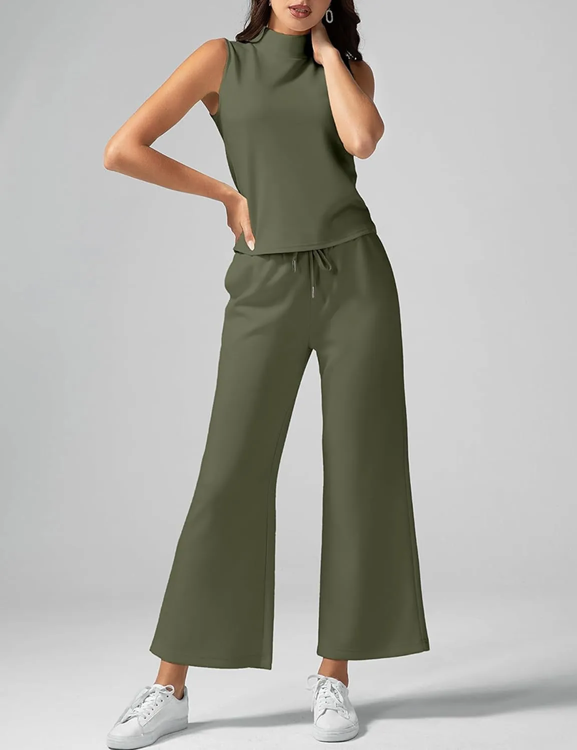 VECVOC Women's Summer 2 Piece Outfits Mock Neck Tank Top Cropped Wide Leg Pants Lounge Sets Tracksuit With Pocket