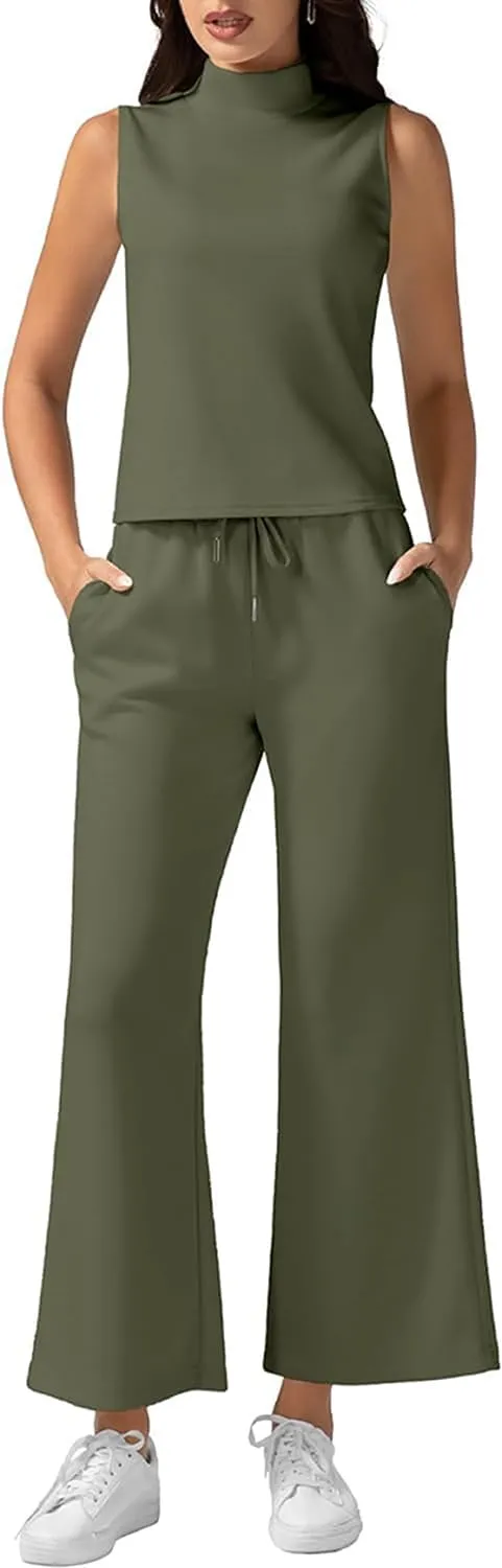 VECVOC Women's Summer 2 Piece Outfits Mock Neck Tank Top Cropped Wide Leg Pants Lounge Sets Tracksuit With Pocket