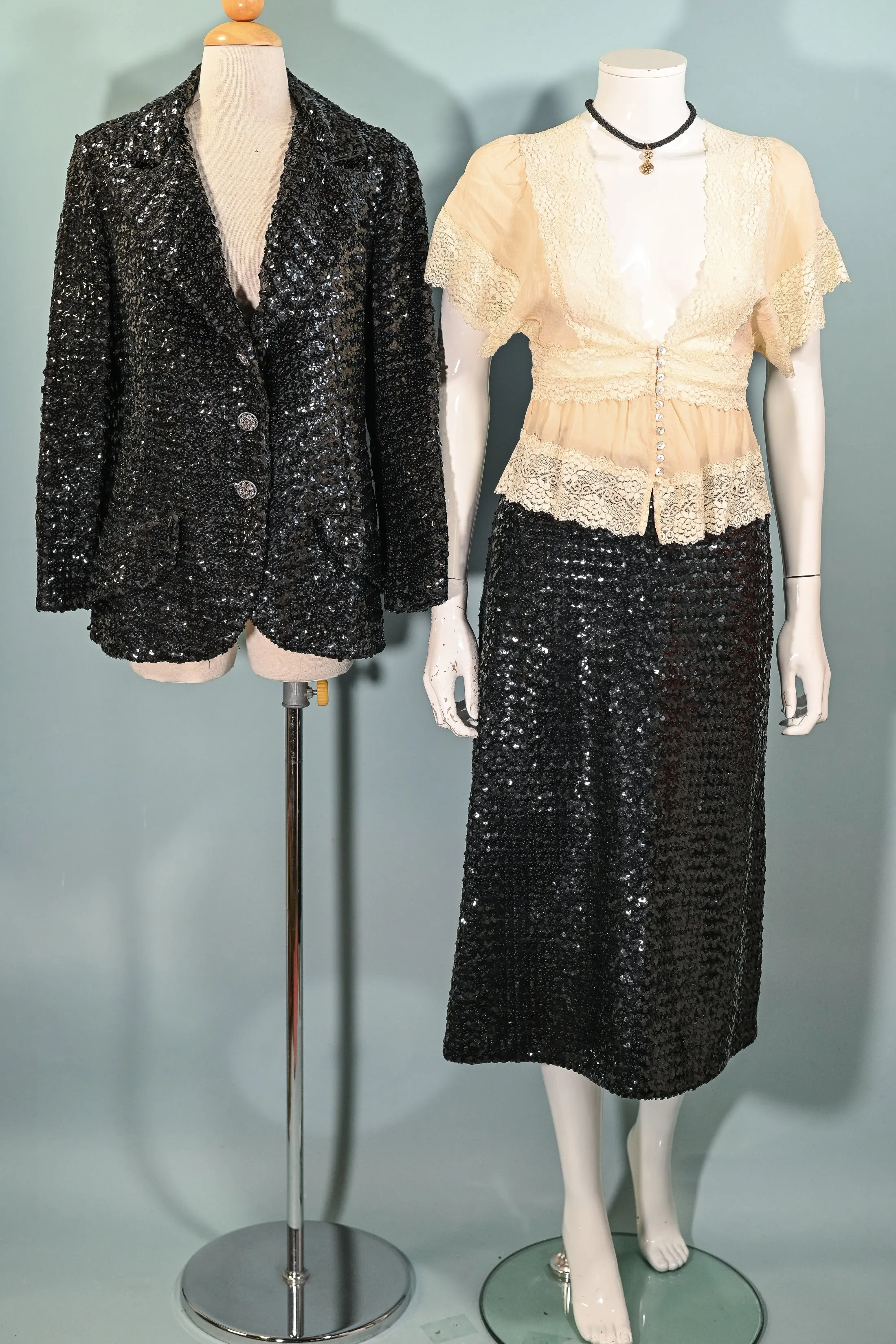 Vintage 60s Black Sequin Jacket/Skirt 2 Piece Suit, Eveningwear Party Separates Suit