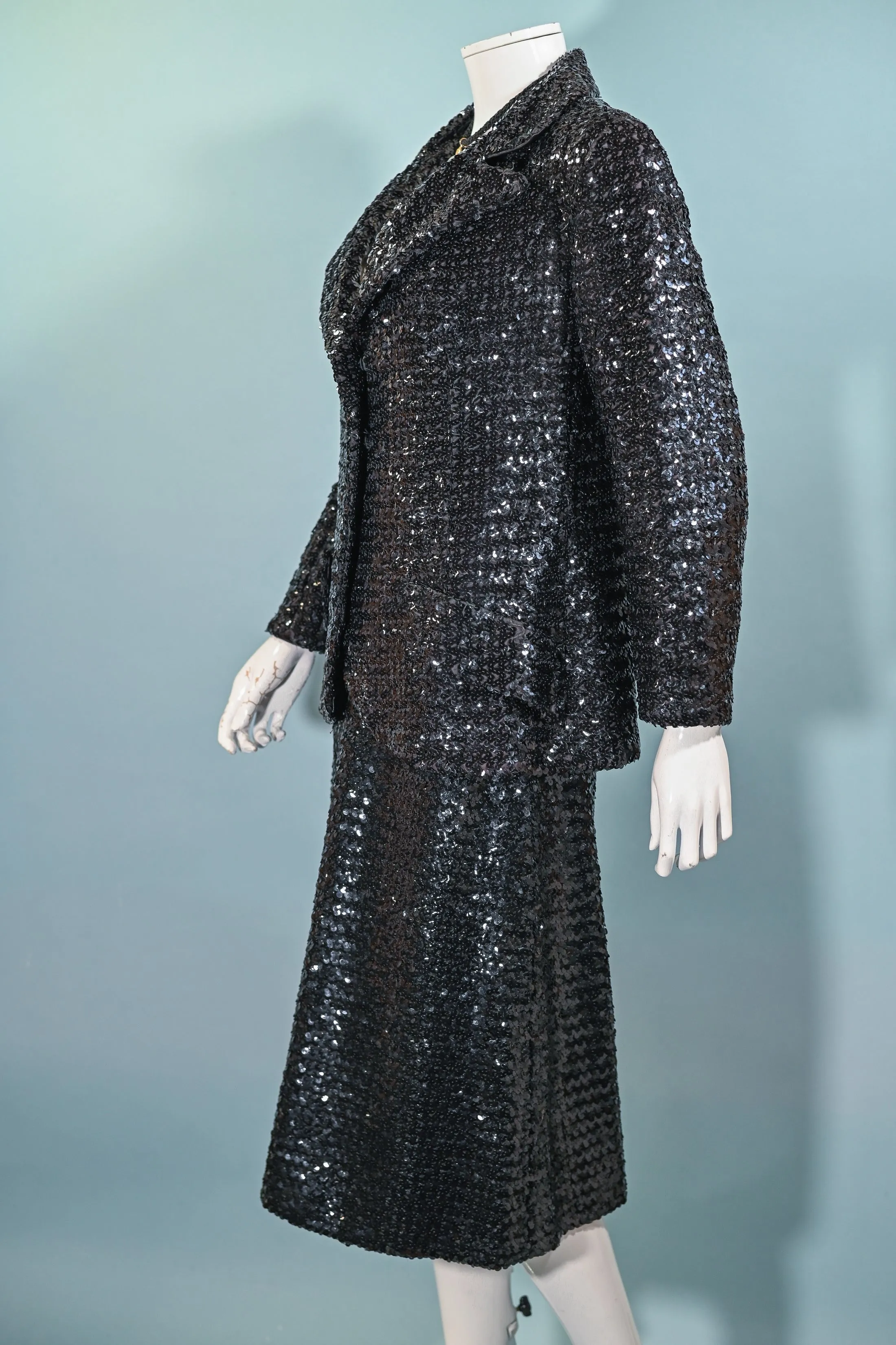Vintage 60s Black Sequin Jacket/Skirt 2 Piece Suit, Eveningwear Party Separates Suit