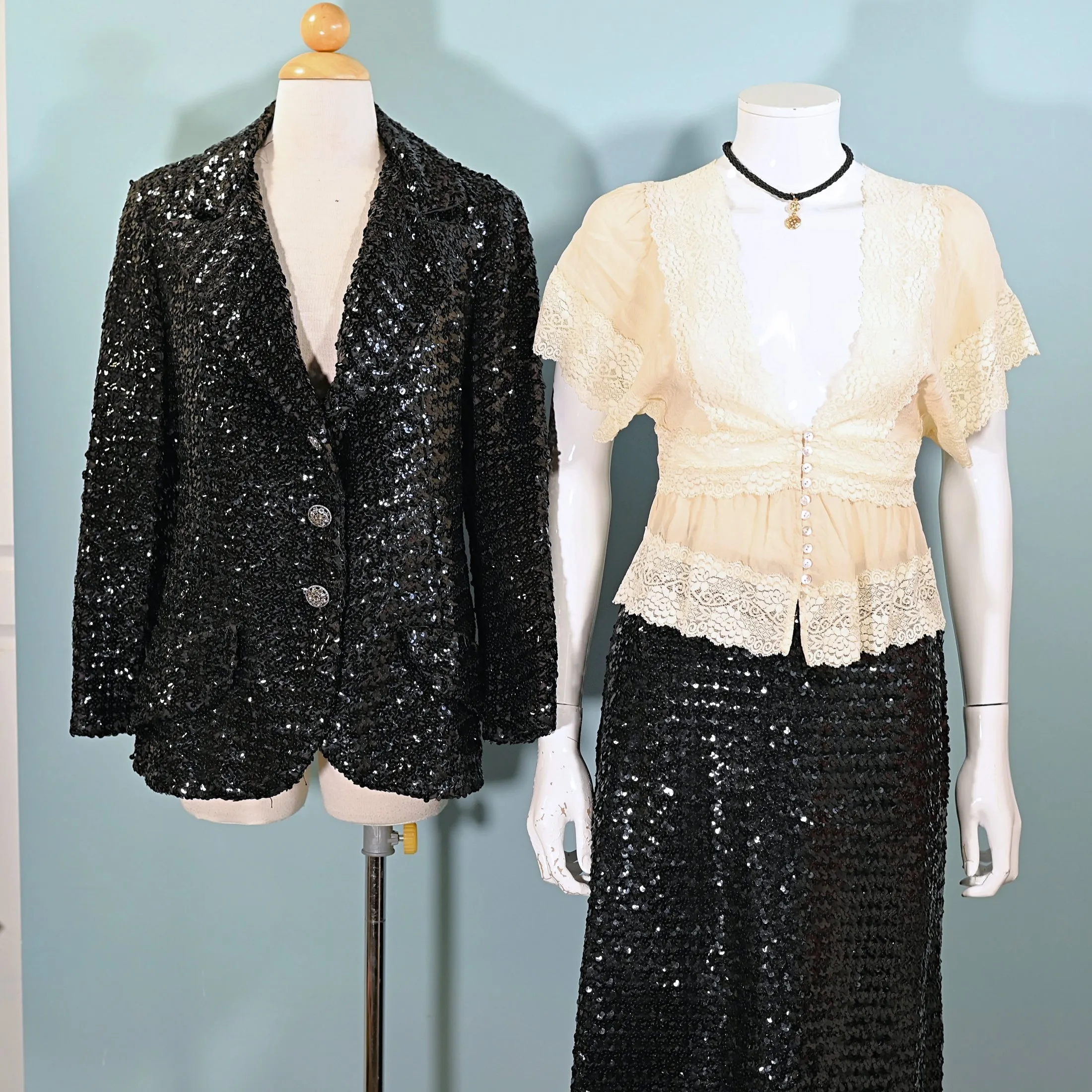 Vintage 60s Black Sequin Jacket/Skirt 2 Piece Suit, Eveningwear Party Separates Suit