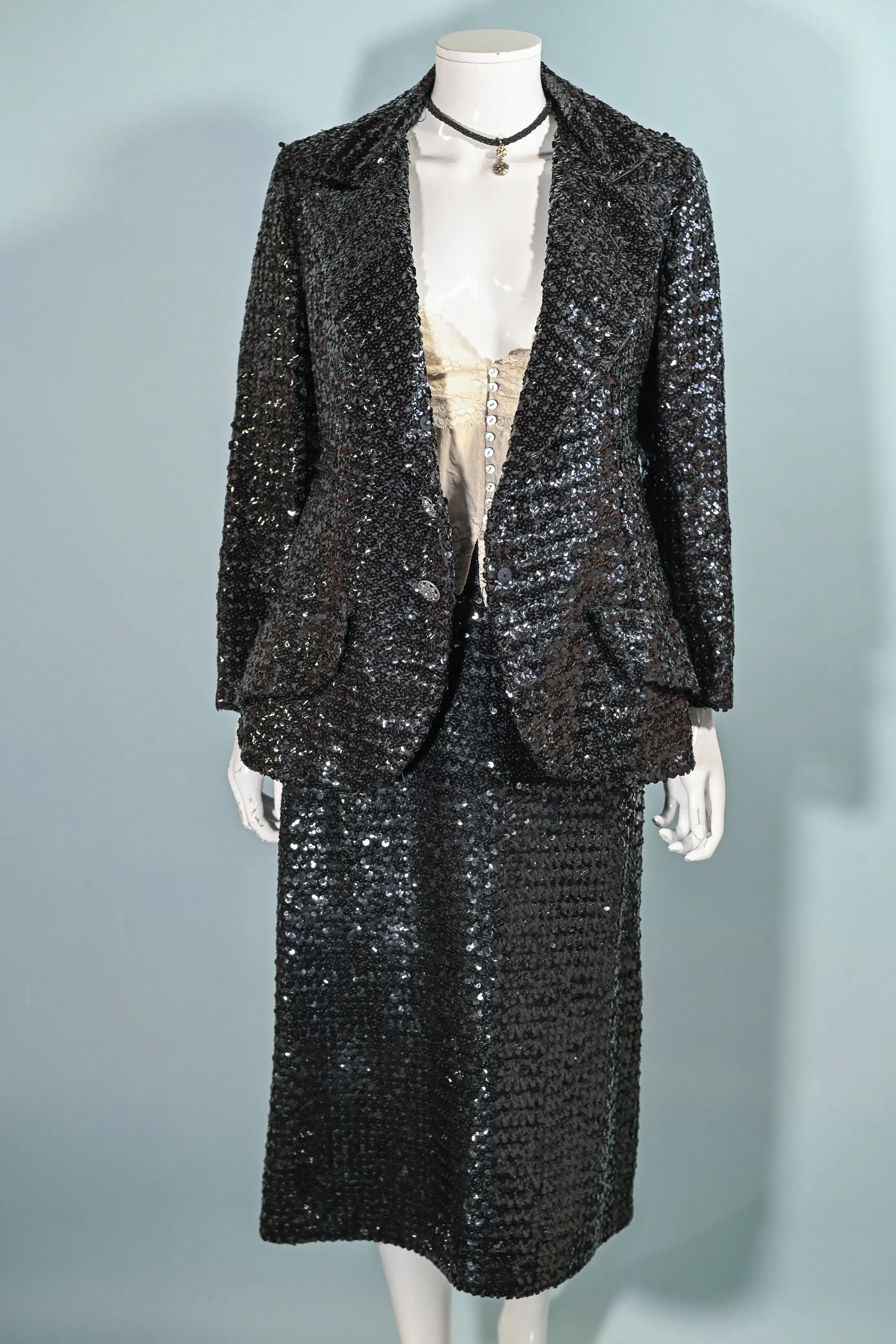 Vintage 60s Black Sequin Jacket/Skirt 2 Piece Suit, Eveningwear Party Separates Suit