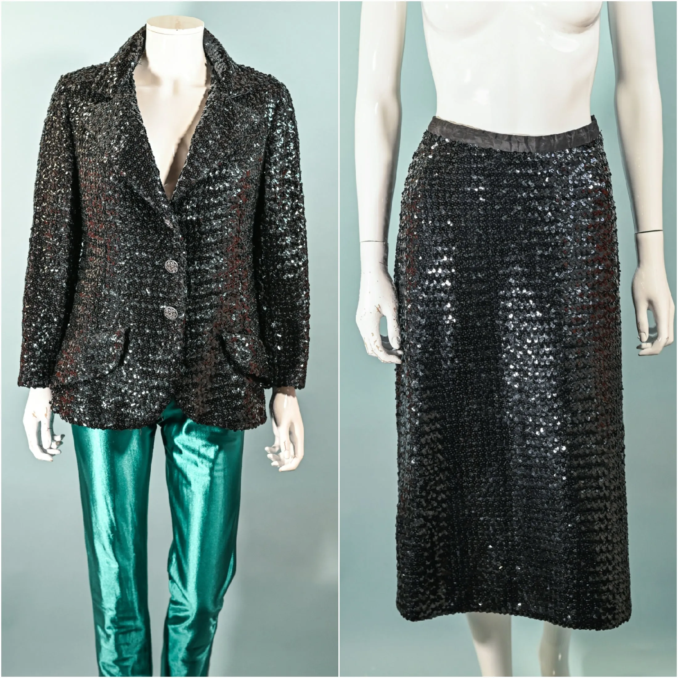 Vintage 60s Black Sequin Jacket/Skirt 2 Piece Suit, Eveningwear Party Separates Suit