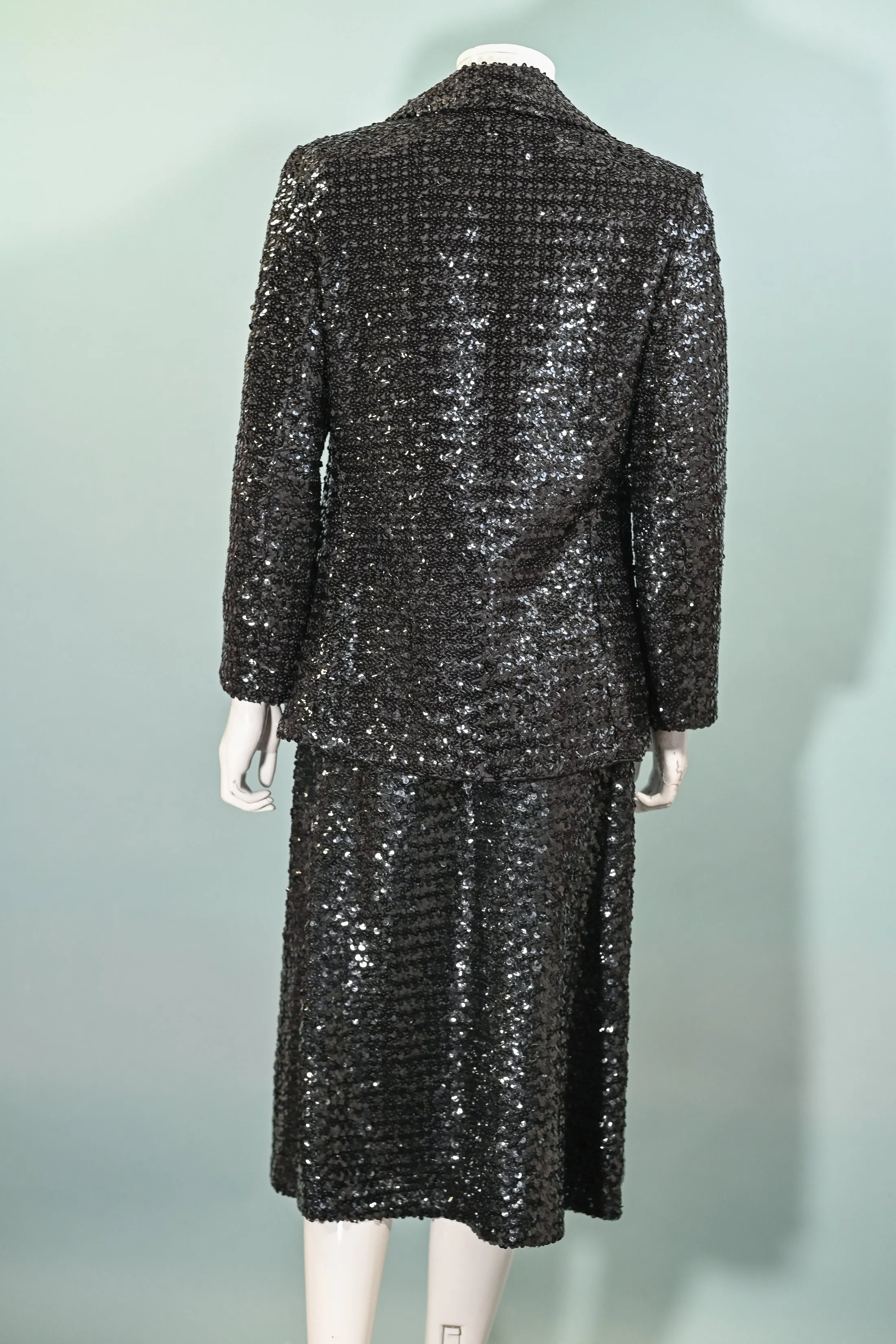 Vintage 60s Black Sequin Jacket/Skirt 2 Piece Suit, Eveningwear Party Separates Suit