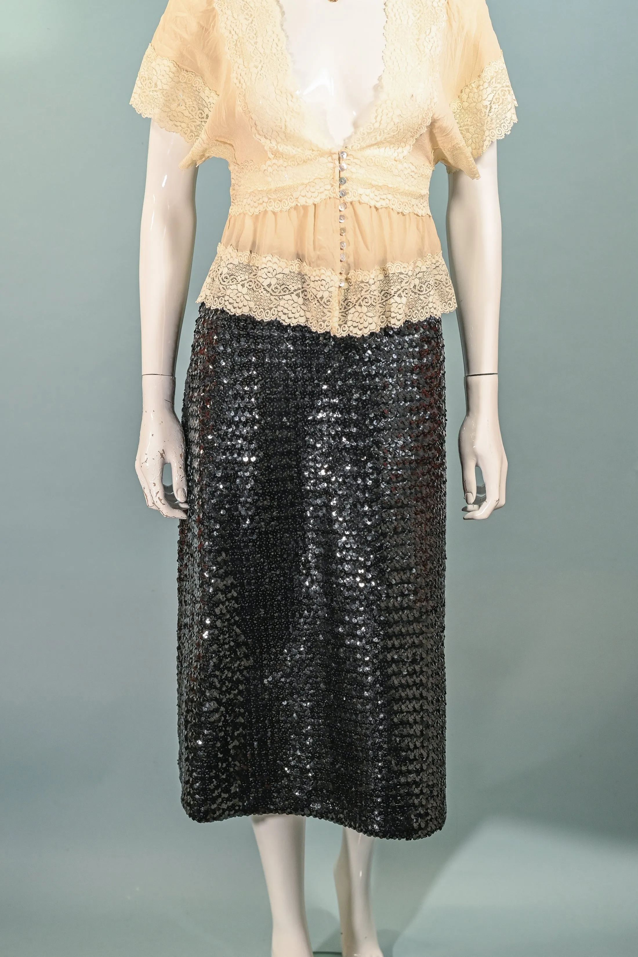 Vintage 60s Black Sequin Jacket/Skirt 2 Piece Suit, Eveningwear Party Separates Suit