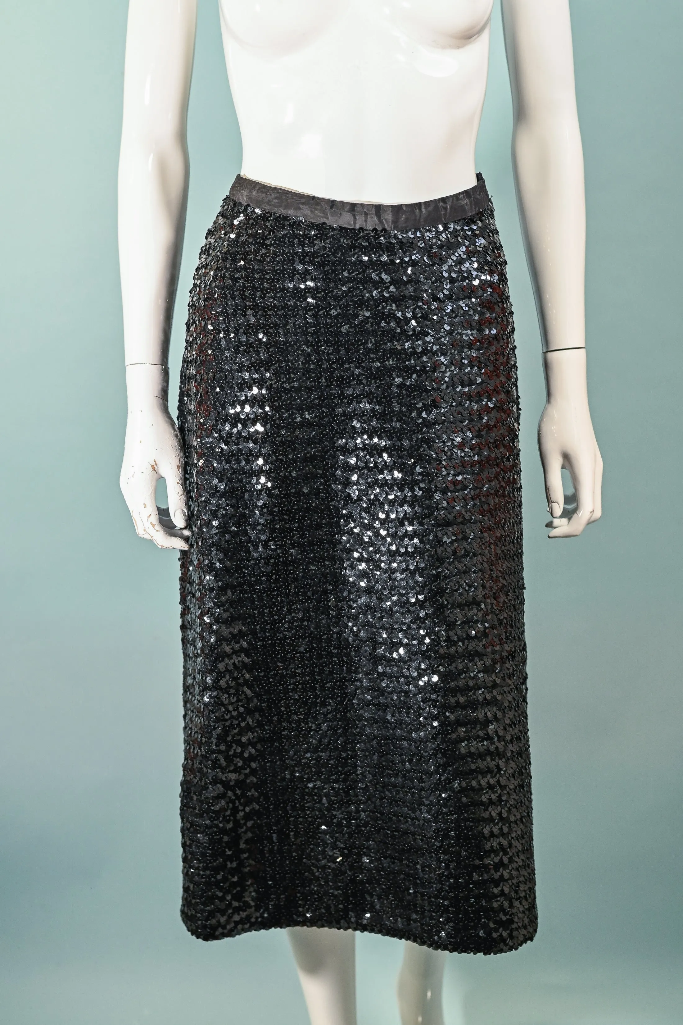 Vintage 60s Black Sequin Jacket/Skirt 2 Piece Suit, Eveningwear Party Separates Suit