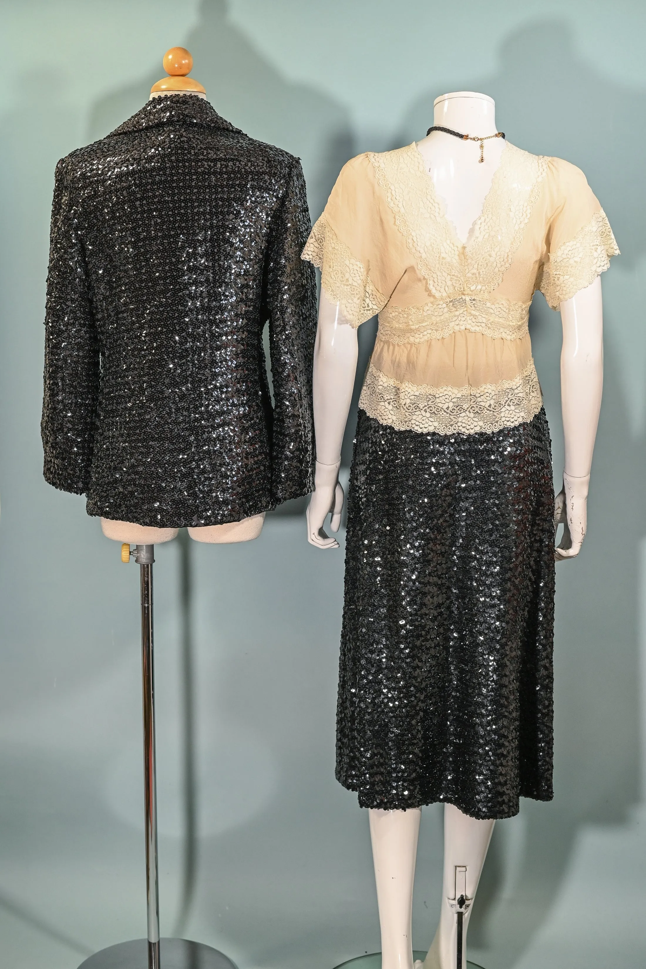 Vintage 60s Black Sequin Jacket/Skirt 2 Piece Suit, Eveningwear Party Separates Suit