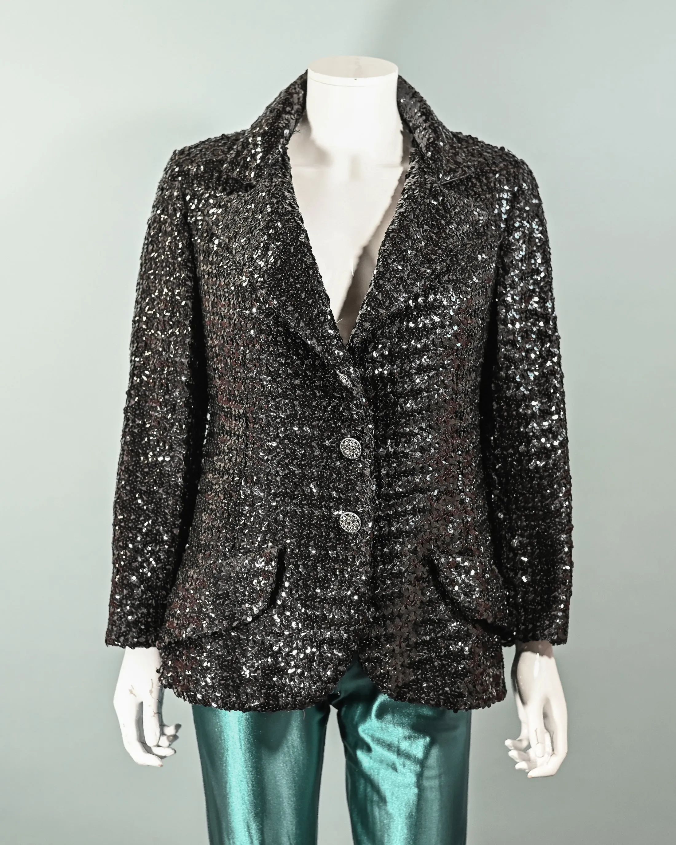 Vintage 60s Black Sequin Jacket/Skirt 2 Piece Suit, Eveningwear Party Separates Suit