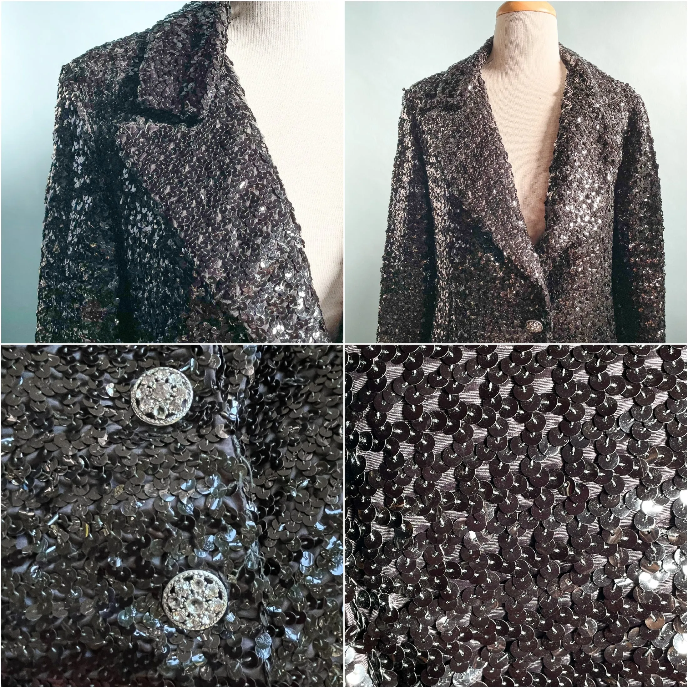 Vintage 60s Black Sequin Jacket/Skirt 2 Piece Suit, Eveningwear Party Separates Suit
