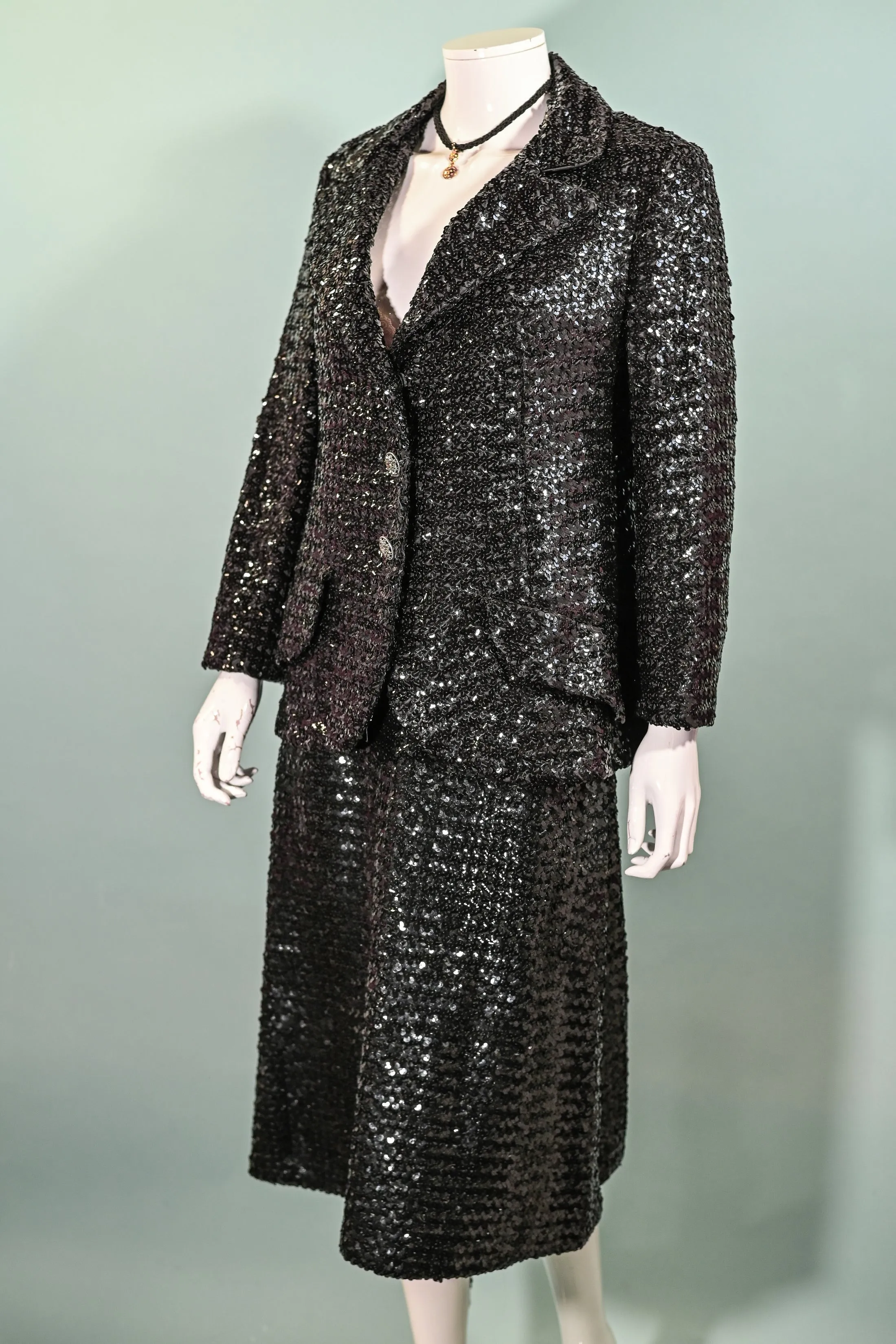 Vintage 60s Black Sequin Jacket/Skirt 2 Piece Suit, Eveningwear Party Separates Suit