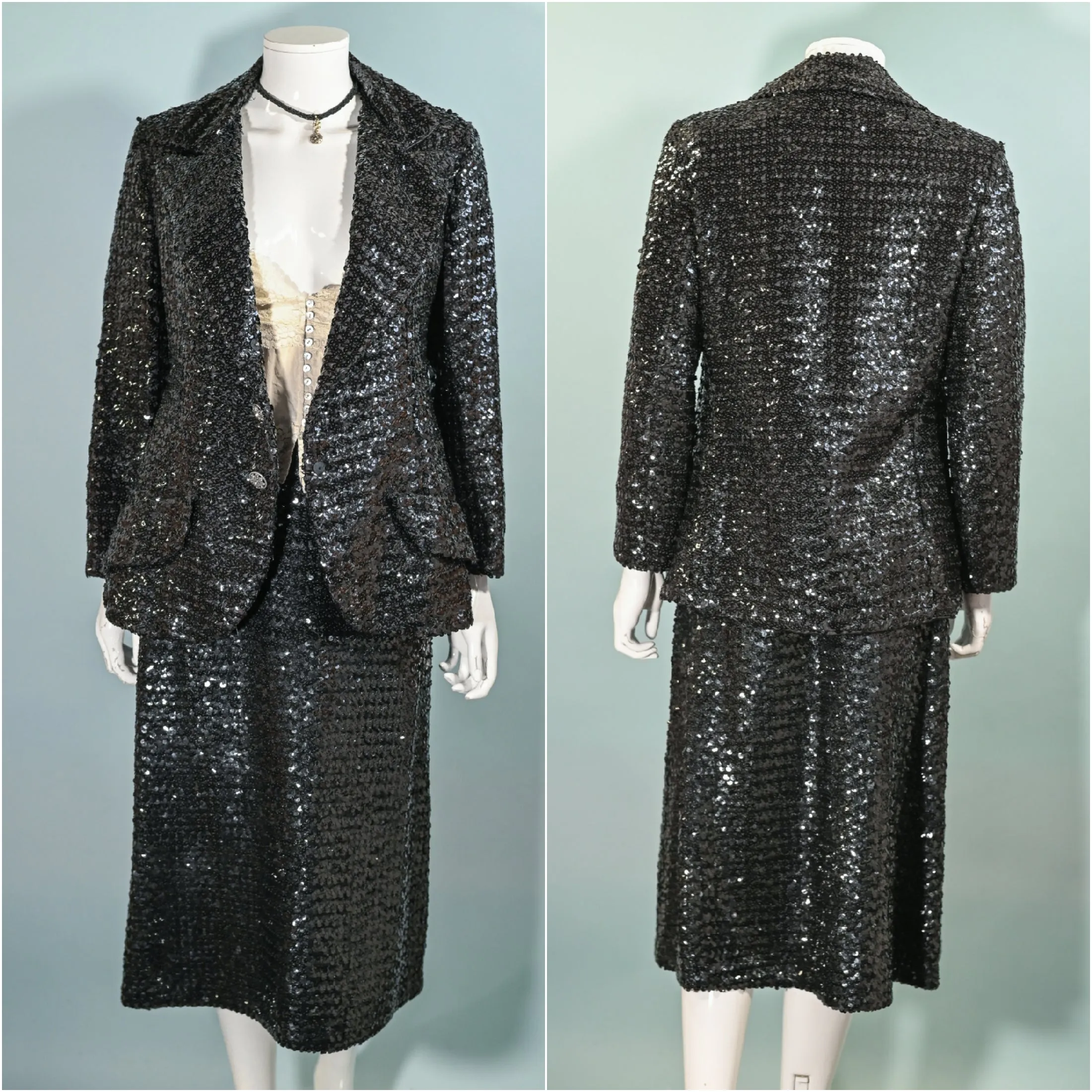 Vintage 60s Black Sequin Jacket/Skirt 2 Piece Suit, Eveningwear Party Separates Suit