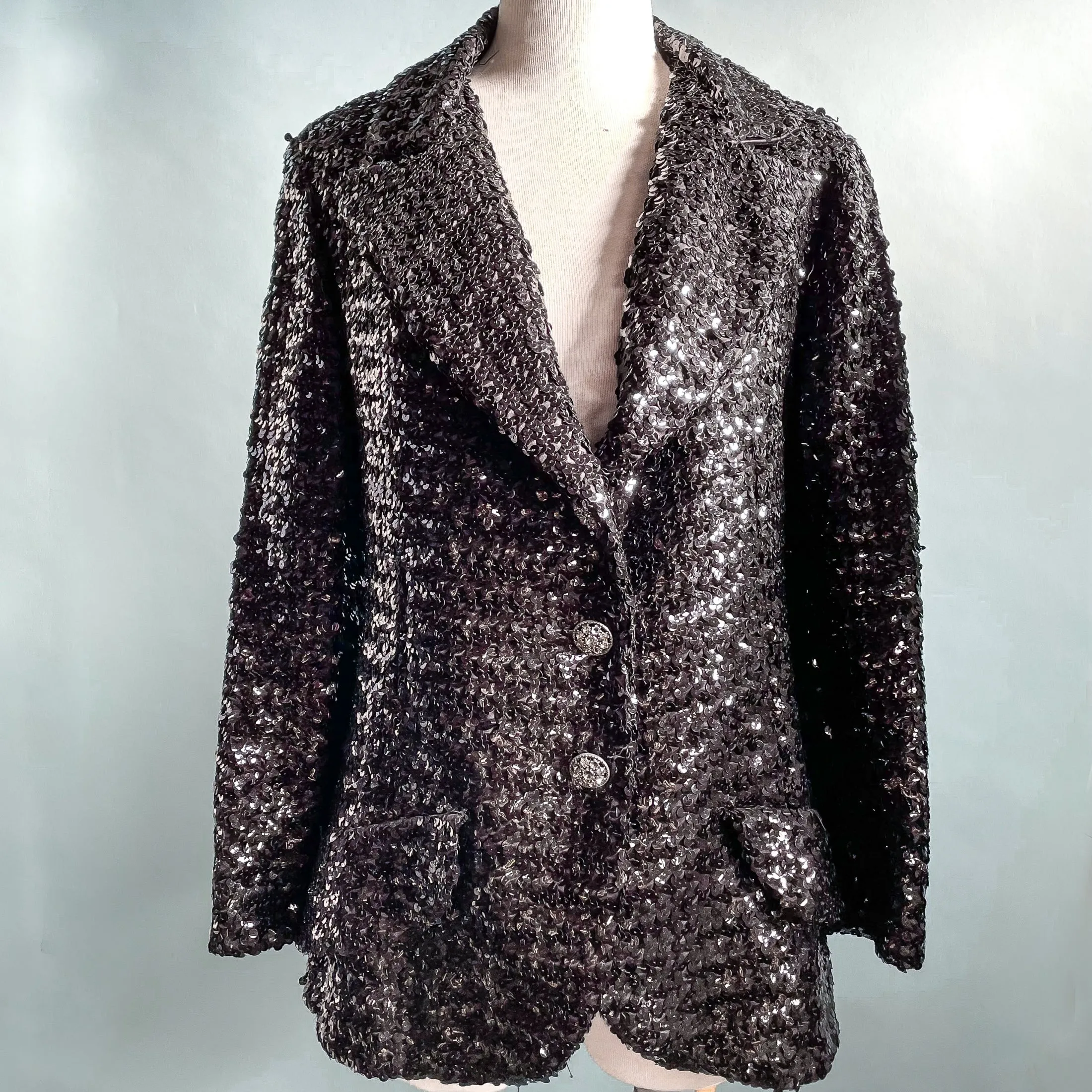Vintage 60s Black Sequin Jacket/Skirt 2 Piece Suit, Eveningwear Party Separates Suit