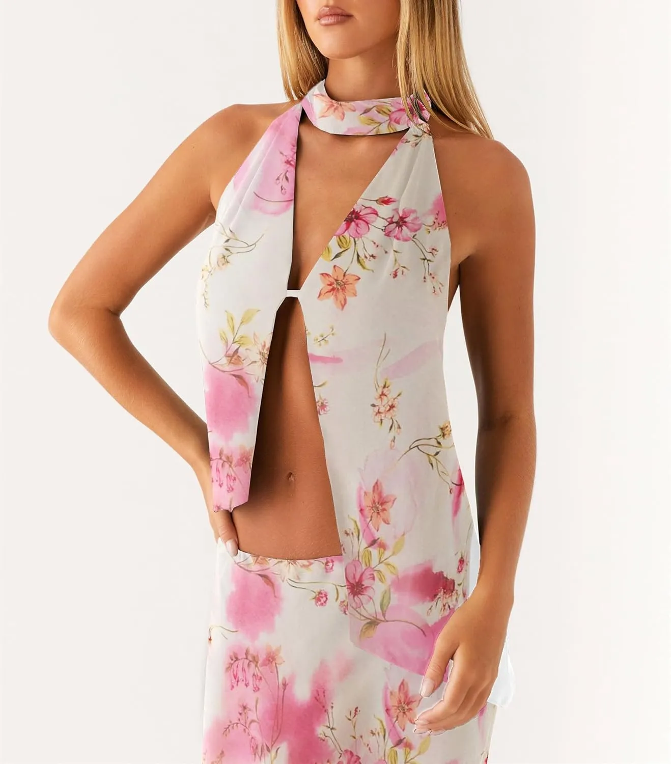 Women Y2k 2 Piece Maxi Skirt Set Floral Backless Halter Tank Top Flowy Maxi Skirt Summer Going Out Outfits