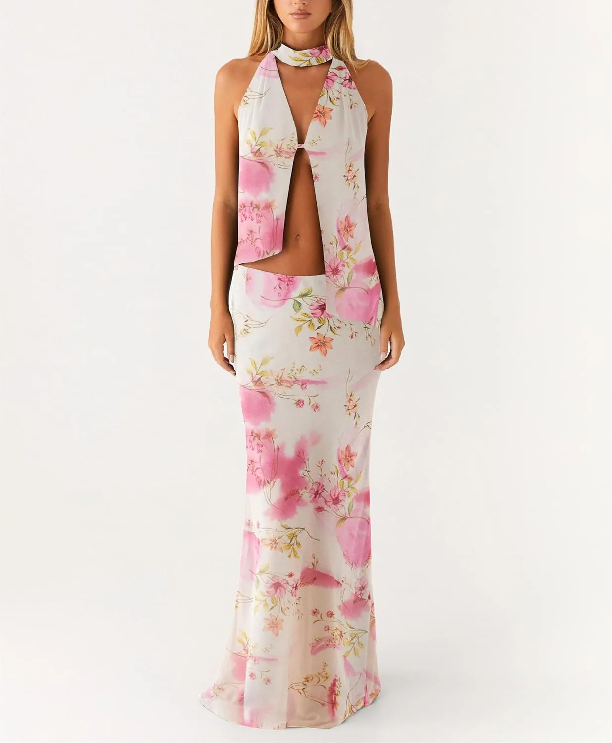 Women Y2k 2 Piece Maxi Skirt Set Floral Backless Halter Tank Top Flowy Maxi Skirt Summer Going Out Outfits