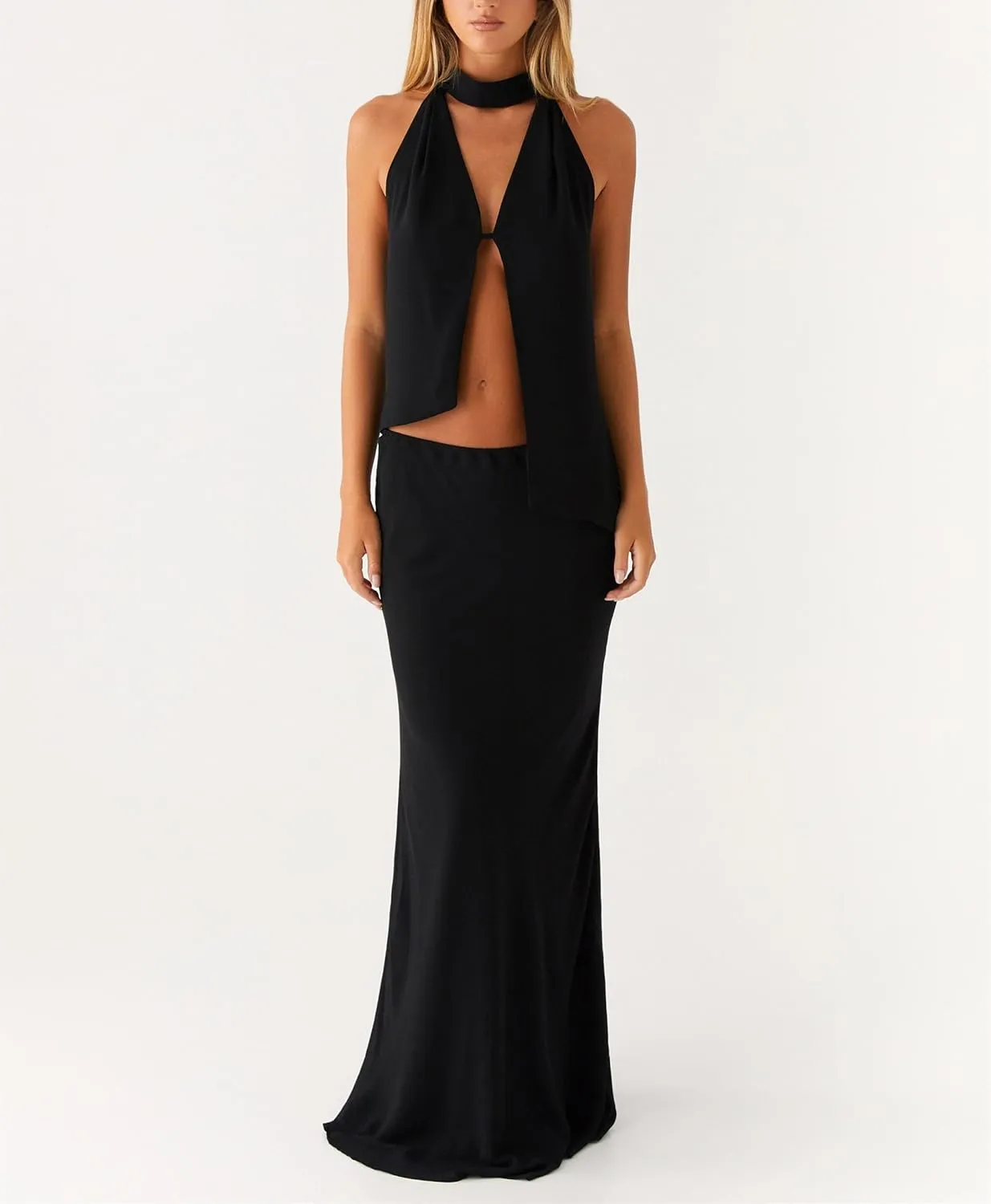 Women Y2k 2 Piece Maxi Skirt Set Floral Backless Halter Tank Top Flowy Maxi Skirt Summer Going Out Outfits