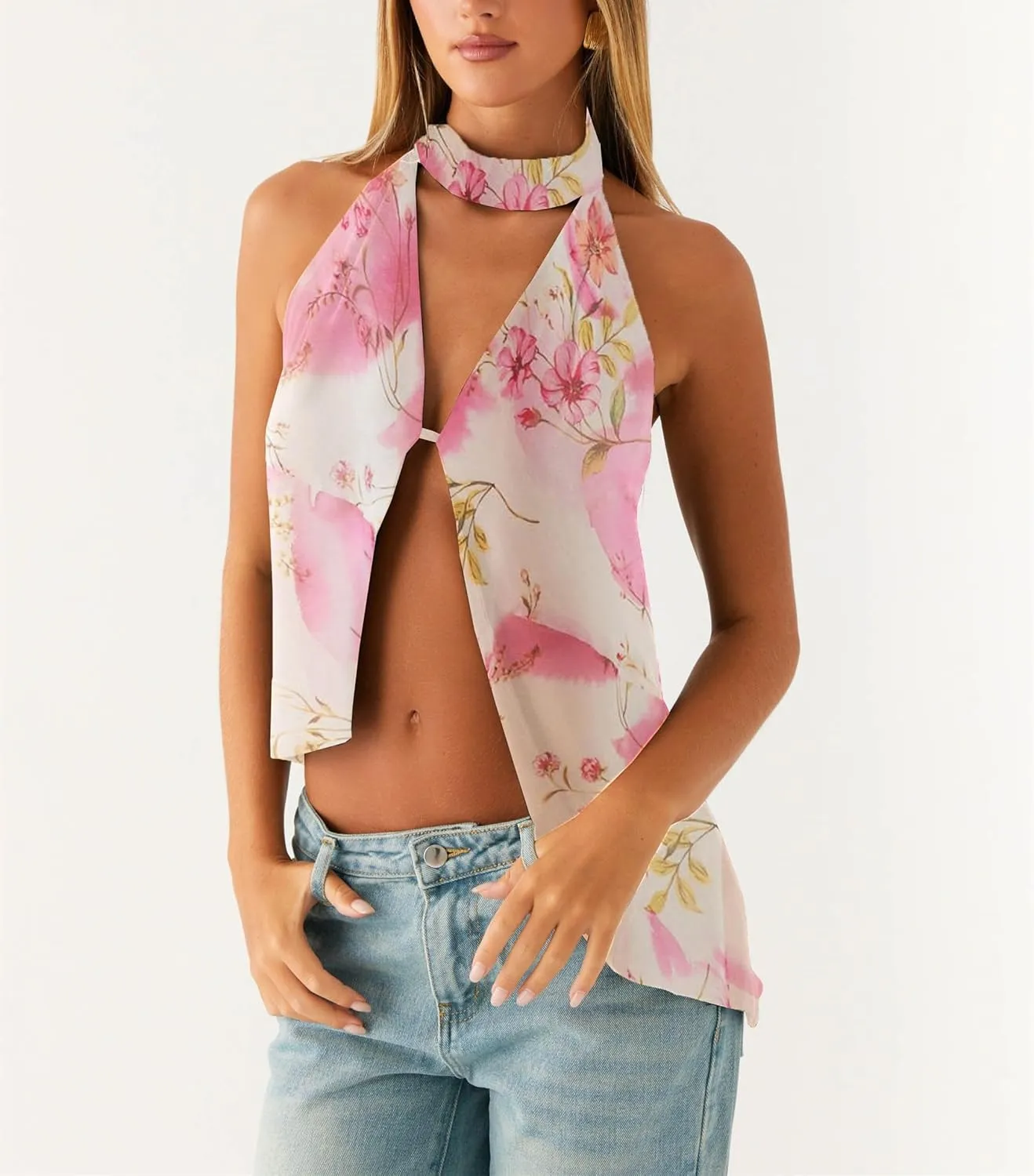 Women Y2k 2 Piece Maxi Skirt Set Floral Backless Halter Tank Top Flowy Maxi Skirt Summer Going Out Outfits