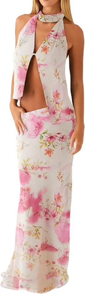 Women Y2k 2 Piece Maxi Skirt Set Floral Backless Halter Tank Top Flowy Maxi Skirt Summer Going Out Outfits