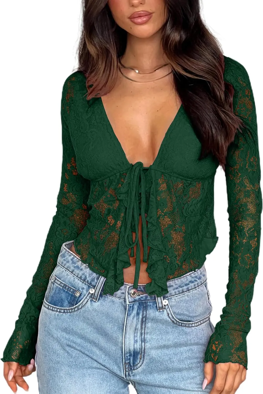 Women's Sexy Open Front Tie Long Sleeve Ruffle Trim Sheer Mesh Lace Crop Tops Blouses