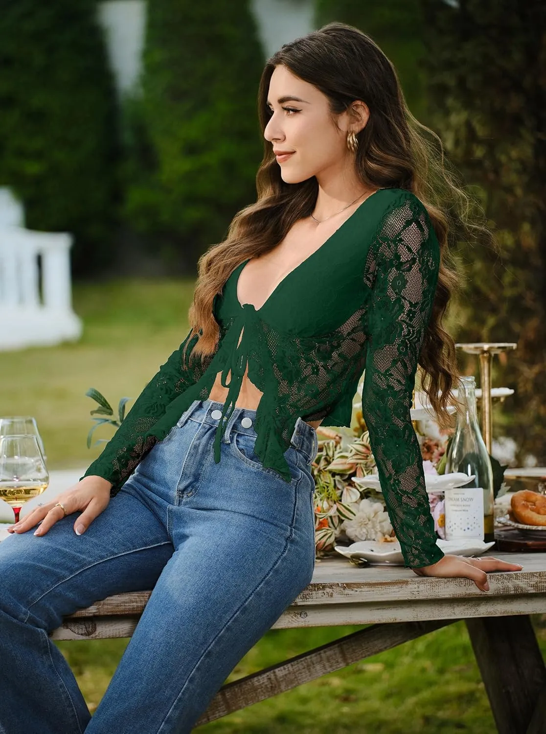 Women's Sexy Open Front Tie Long Sleeve Ruffle Trim Sheer Mesh Lace Crop Tops Blouses