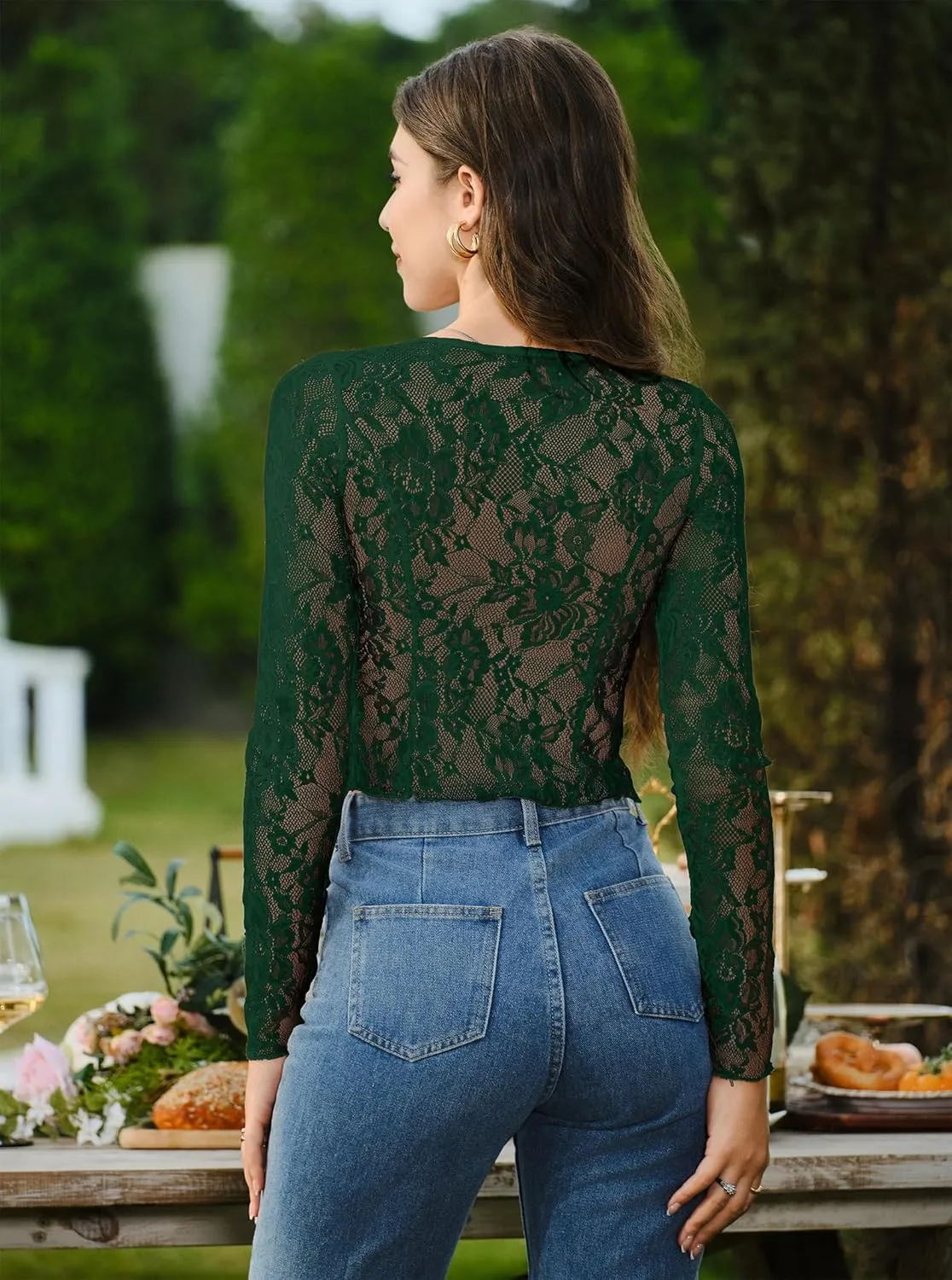 Women's Sexy Open Front Tie Long Sleeve Ruffle Trim Sheer Mesh Lace Crop Tops Blouses
