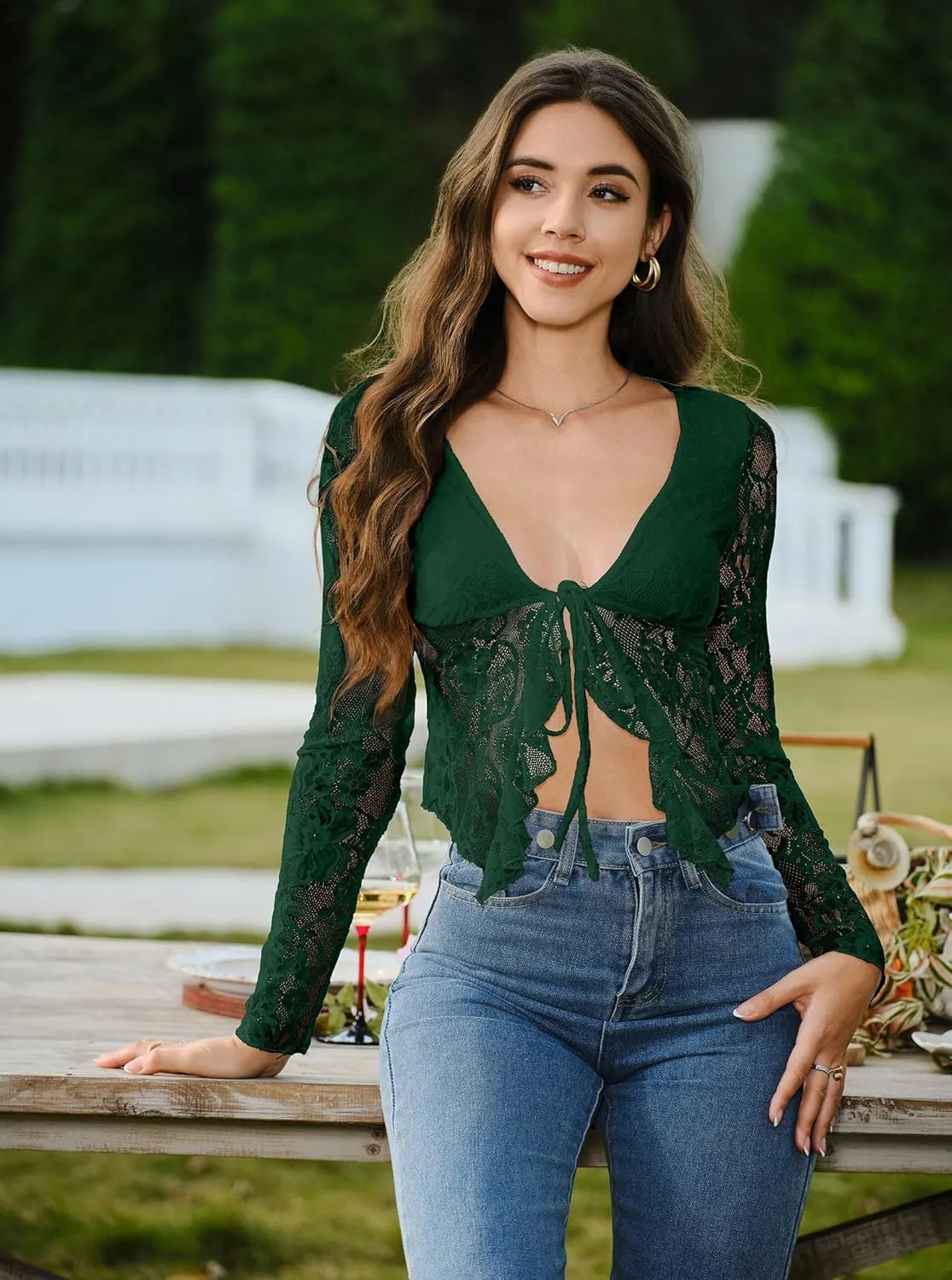 Women's Sexy Open Front Tie Long Sleeve Ruffle Trim Sheer Mesh Lace Crop Tops Blouses