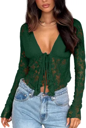 Women's Sexy Open Front Tie Long Sleeve Ruffle Trim Sheer Mesh Lace Crop Tops Blouses
