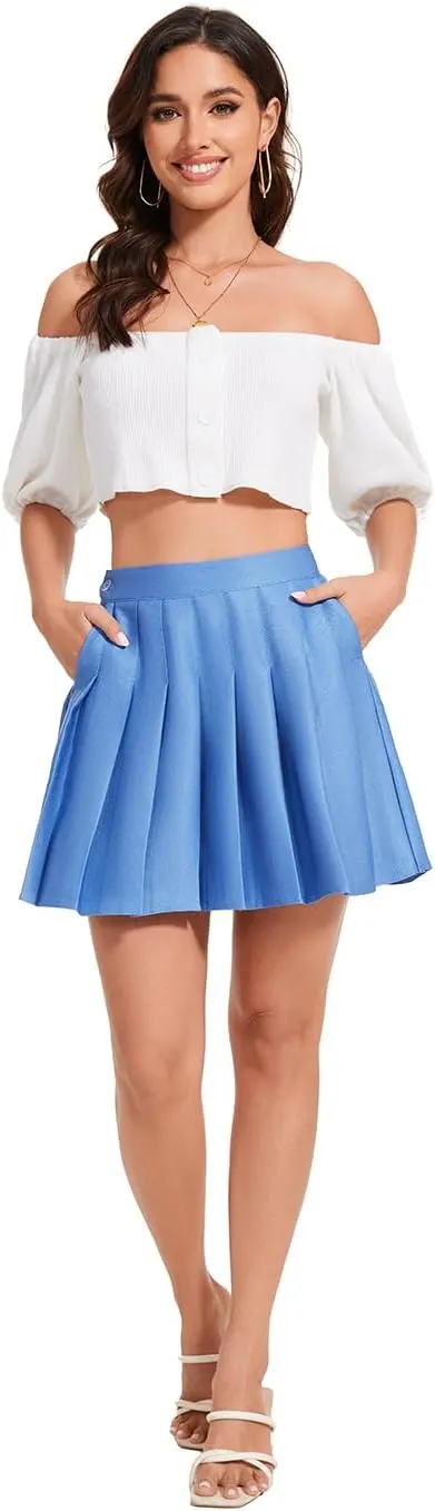 Womens Stretchy Pleated Mini Skirt Comfort High Waist Cheerleader School Uniform Skirt