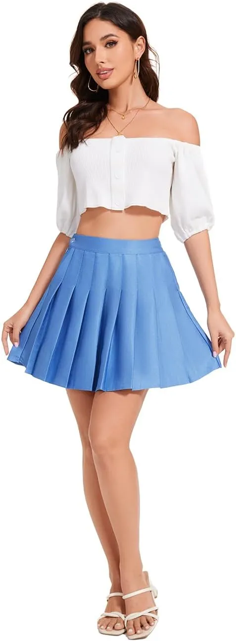 Womens Stretchy Pleated Mini Skirt Comfort High Waist Cheerleader School Uniform Skirt