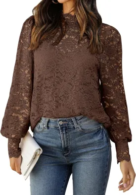 Zeagoo Women Lace Tops Long Sleeves Mock Neck Casual Dressy Tops with Separable Camisole Sexy Blouses Shirts 2 PCS Set