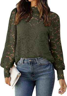Zeagoo Women Lace Tops Long Sleeves Mock Neck Casual Dressy Tops with Separable Camisole Sexy Blouses Shirts 2 PCS Set